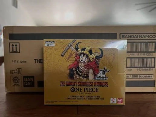ONE PIECE Card Game: The World's Strongest Warriors Booster Box (OP-17) Japanese Factory-Sealed Case Short Product Description Secure the ONE PIECE Card Game: The World's Strongest Warriors Booster Box (OP-17) Japanese Factory-Sealed Case for one of the most anticipated anniversary releases in the ONE PIECE Card Game. Celebrating the game's fourth anniversary and moving toward the legendary Elbaf storyline, OP-17 brings back iconic characters and redesigned Leaders alongside powerful new cards and premium rarities. A sealed case contains 12 factory-sealed Booster Boxes, with each box containing 24 Japanese Booster Packs and each pack containing 6 cards.