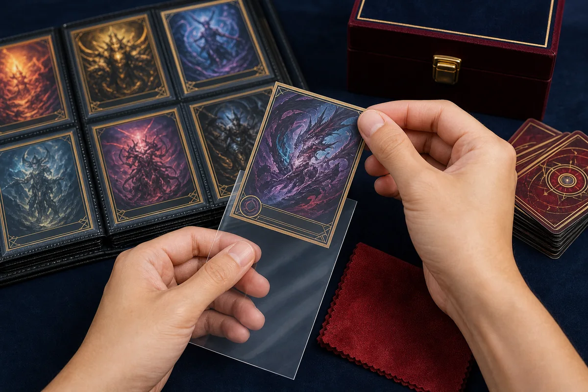 Collector placing a Pokémon card into a protective sleeve after reading the card details